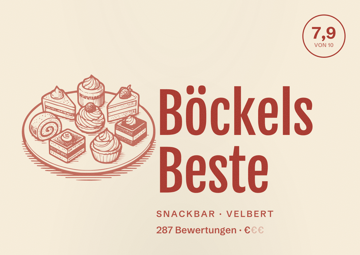 Illustriertes Poster von Böckels Beste, Snackbar in Velbert: Bewertung 7,9 von 10 aus 287 Bewertungen, Preisniveau €