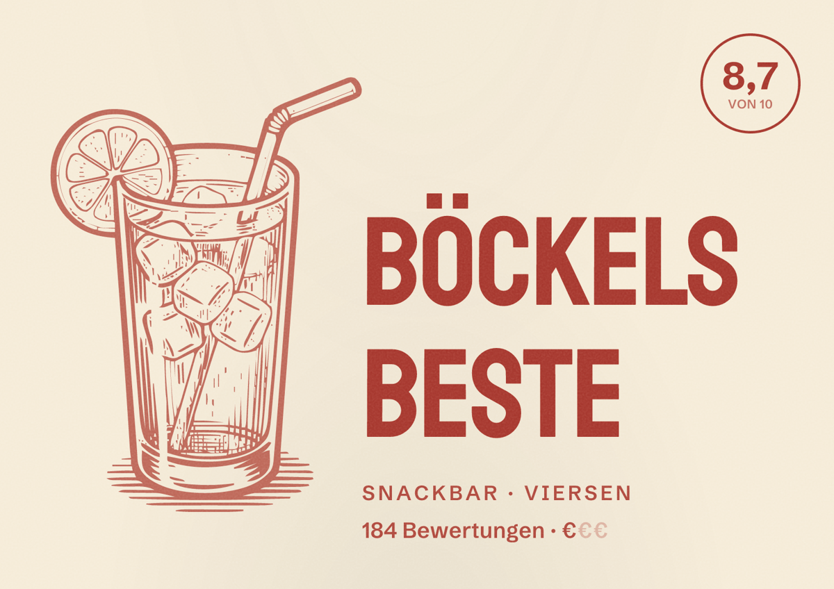 Illustriertes Poster von BÖCKELS Beste, Snackbar in Viersen: Bewertung 8,7 von 10 aus 184 Bewertungen, Preisniveau €