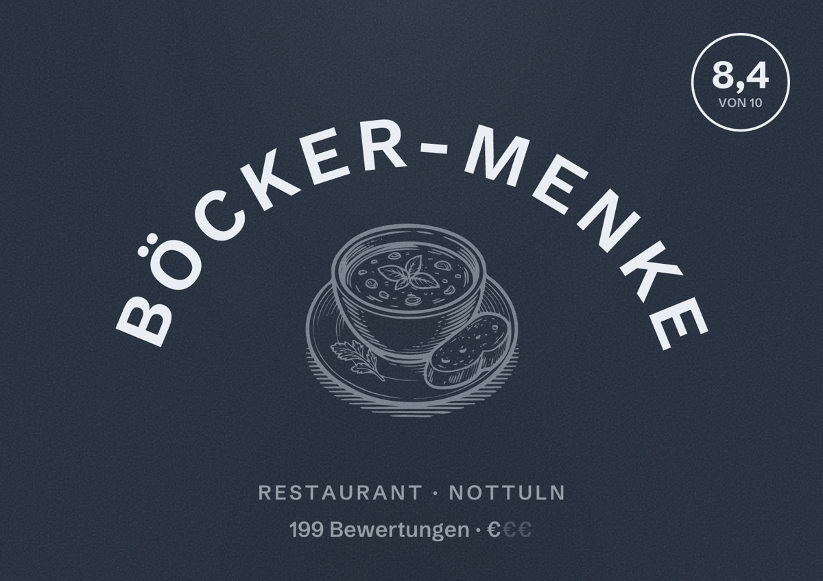 Illustriertes Poster von Böcker-Menke, Restaurant in Nottuln: Bewertung 8,4 von 10 aus 199 Bewertungen, Preisniveau €