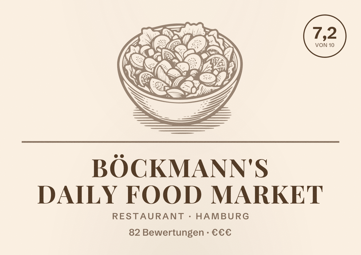 Illustriertes Poster von Böckmann's Daily food market, Restaurant in Hamburg: Bewertung 7,2 von 10 aus 82 Bewertungen, Preisniveau €€€