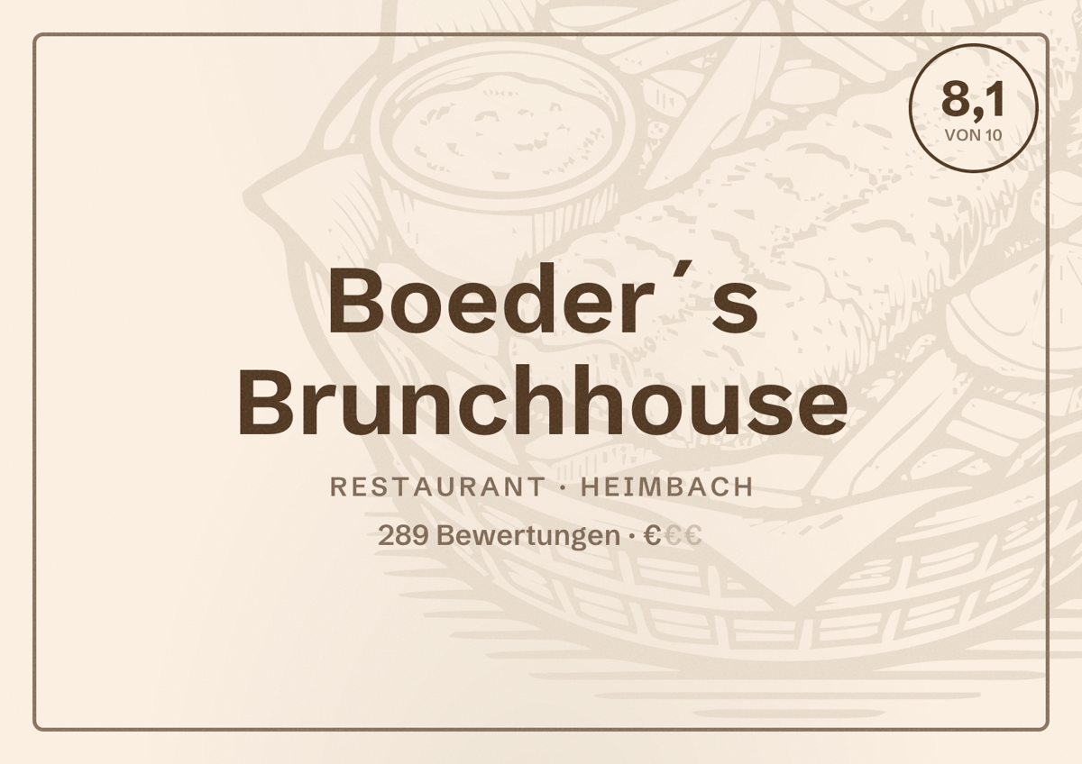 Illustriertes Poster von Boeder´s Brunchhouse, Restaurant in Heimbach: Bewertung 8,1 von 10 aus 289 Bewertungen, Preisniveau €