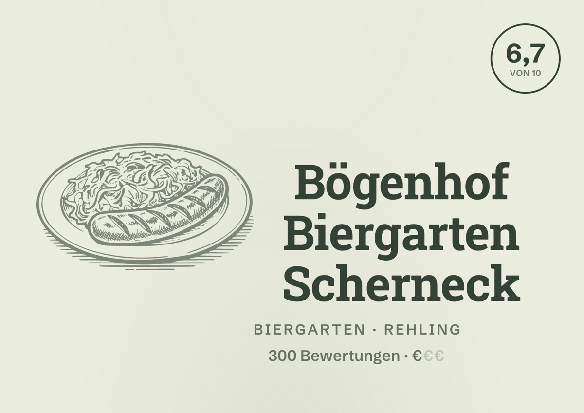 Illustriertes Poster von Bögenhof Biergarten Scherneck, Biergarten in Rehling: Bewertung 6,7 von 10 aus 300 Bewertungen, Preisniveau €