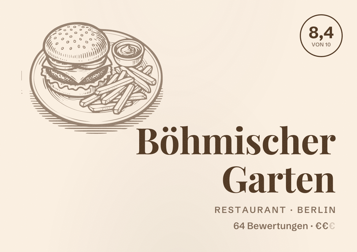 Illustriertes Poster von Böhmischer Garten, Restaurant in Berlin: Bewertung 8,4 von 10 aus 64 Bewertungen, Preisniveau €€