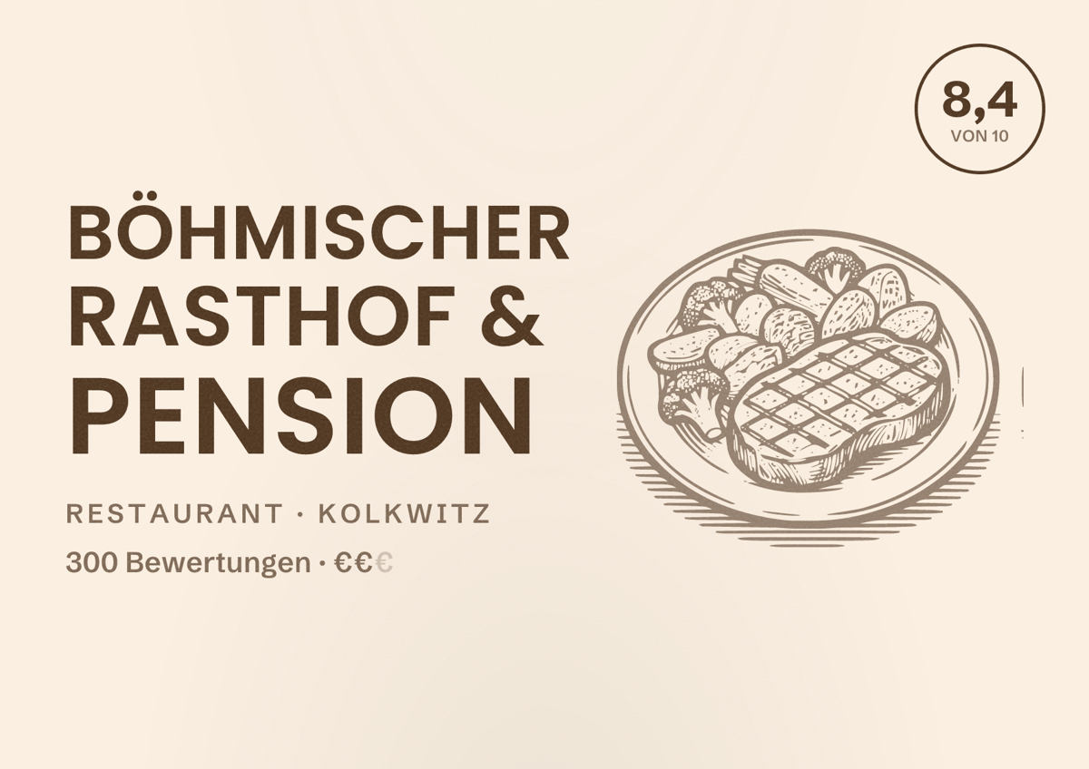 Illustriertes Poster von Böhmischer Rasthof & Pension, Restaurant in Kolkwitz: Bewertung 8,4 von 10 aus 300 Bewertungen, Preisniveau €€