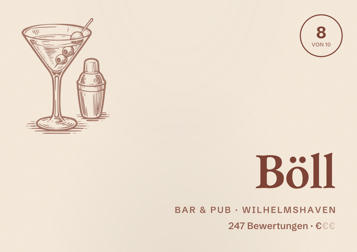 Illustriertes Poster von Böll, Bar & Pub in Wilhelmshaven: Bewertung 8 von 10 aus 247 Bewertungen, Preisniveau €