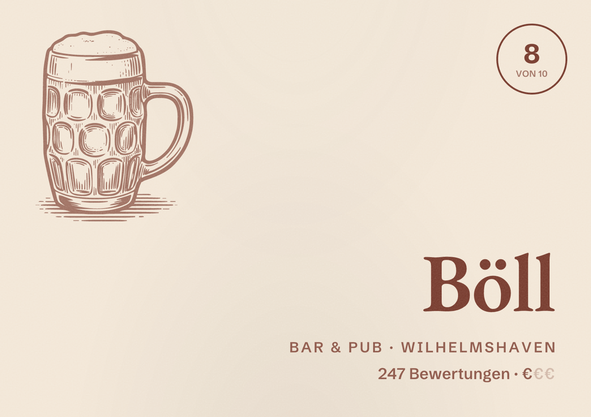 Illustriertes Poster von Böll, Bar & Pub in Wilhelmshaven: Bewertung 8 von 10 aus 247 Bewertungen, Preisniveau €