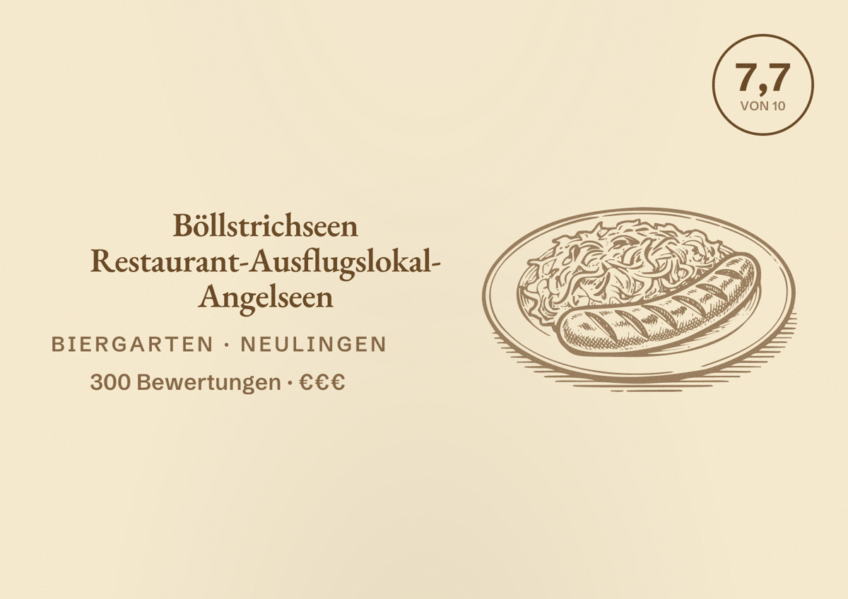Illustriertes Poster von Böllstrichseen Restaurant-Ausflugslokal- Angelseen, Biergarten in Neulingen: Bewertung 7,7 von 10 aus 300 Bewertungen, Preisniveau €€€