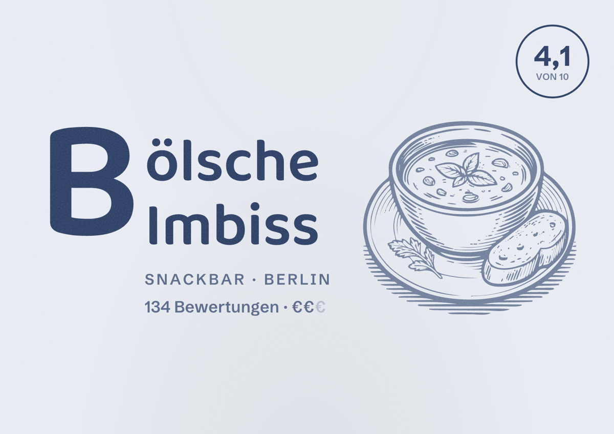 Illustriertes Poster von Bölsche Imbiss, Snackbar in Berlin: Bewertung 4,1 von 10 aus 134 Bewertungen, Preisniveau €€