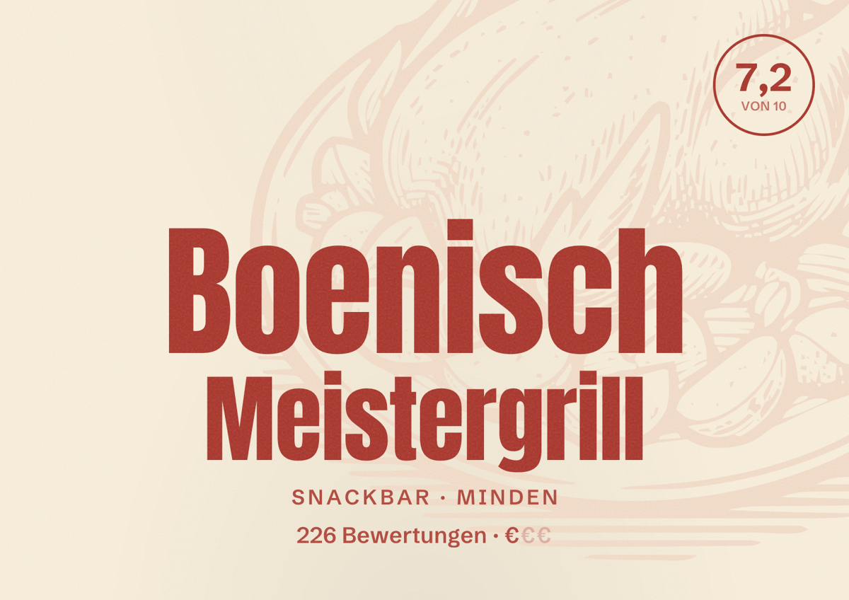 Illustriertes Poster von Boenisch Meistergrill, Snackbar in Minden: Bewertung 7,2 von 10 aus 226 Bewertungen, Preisniveau €