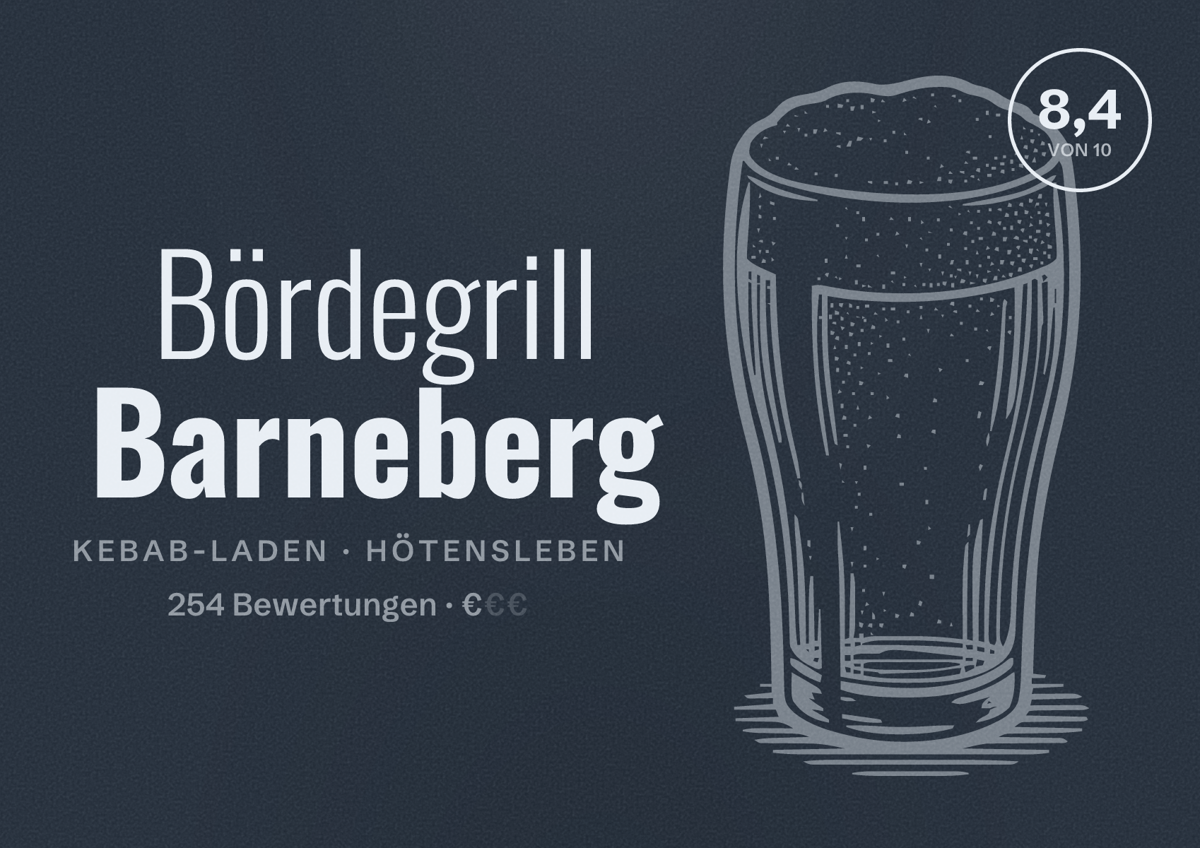 Illustriertes Poster von Bördegrill Barneberg, Kebab-Laden in Hötensleben: Bewertung 8,4 von 10 aus 254 Bewertungen, Preisniveau €
