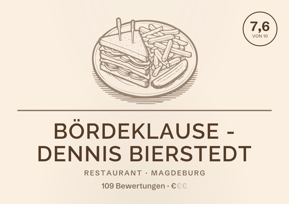 Illustriertes Poster von Bördeklause - Dennis Bierstedt, Restaurant in Magdeburg: Bewertung 7,6 von 10 aus 109 Bewertungen, Preisniveau €