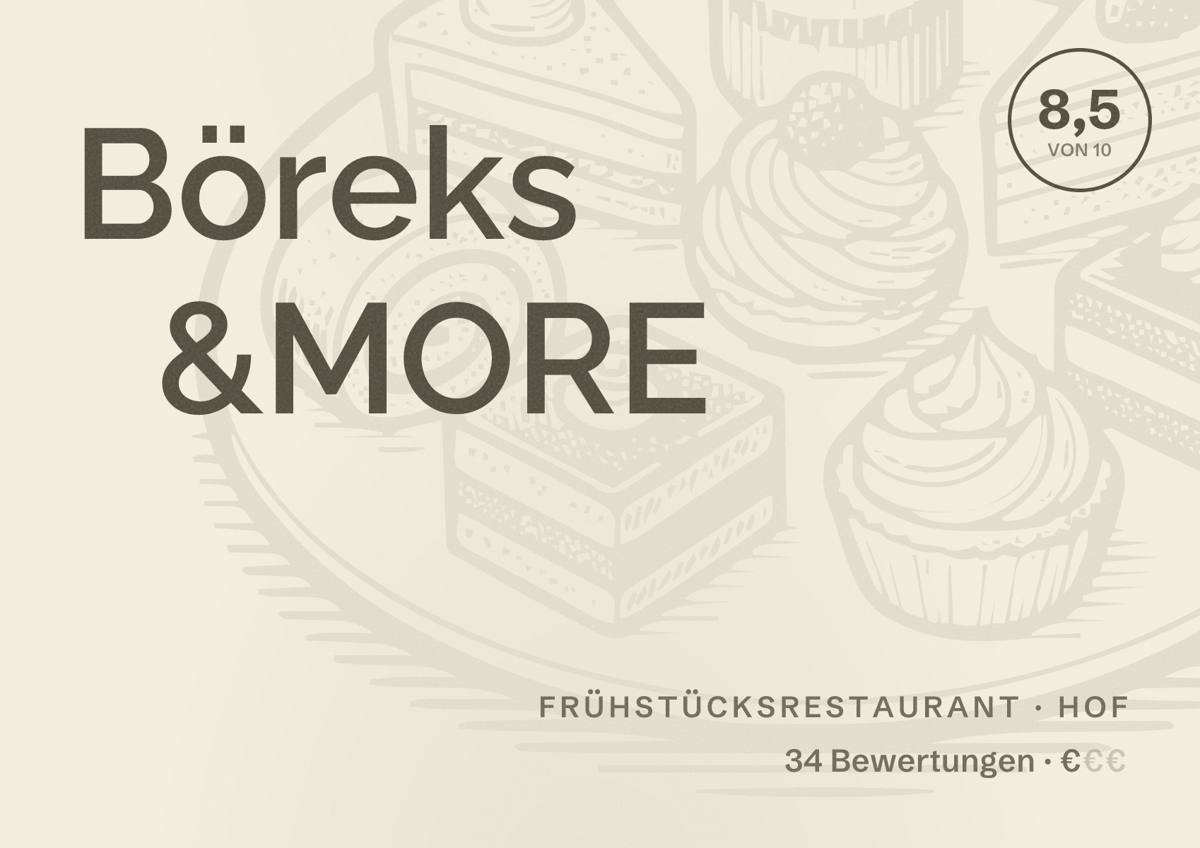 Illustriertes Poster von Böreks &MORE, Frühstücksrestaurant in Hof: Bewertung 8,5 von 10 aus 34 Bewertungen, Preisniveau €
