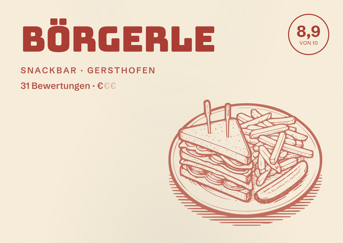 Illustriertes Poster von Börgerle, Snackbar in Gersthofen: Bewertung 8,9 von 10 aus 31 Bewertungen, Preisniveau €