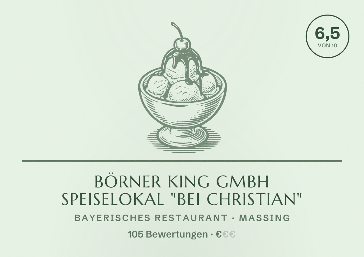 Illustriertes Poster von Börner King GmbH Speiselokal "Bei Christian", Bayerisches Restaurant in Massing: Bewertung 6,5 von 10 aus 105 Bewertungen, Preisniveau €