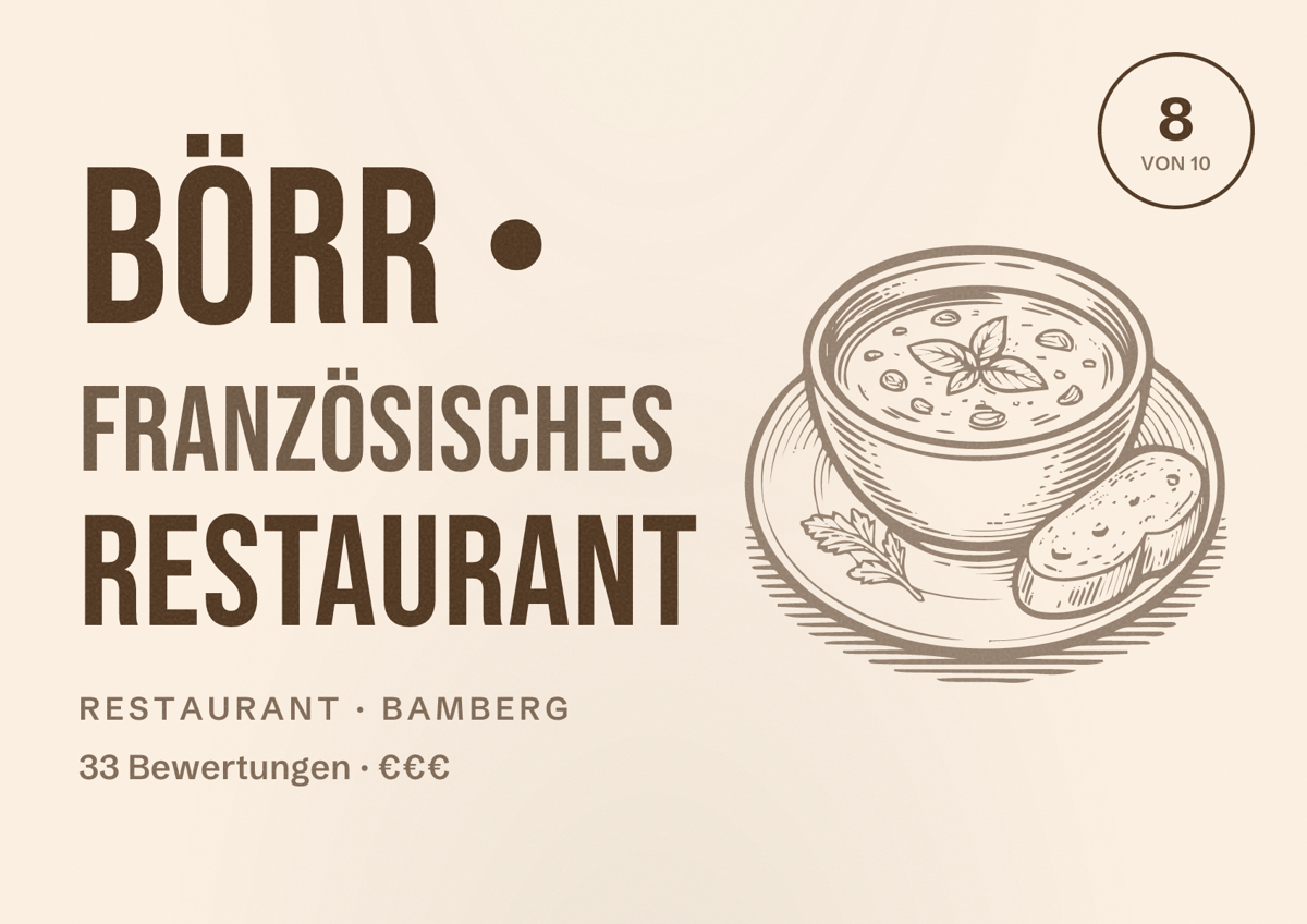 Illustriertes Poster von Börr • Französisches Restaurant, Restaurant in Bamberg: Bewertung 8 von 10 aus 33 Bewertungen, Preisniveau €€€
