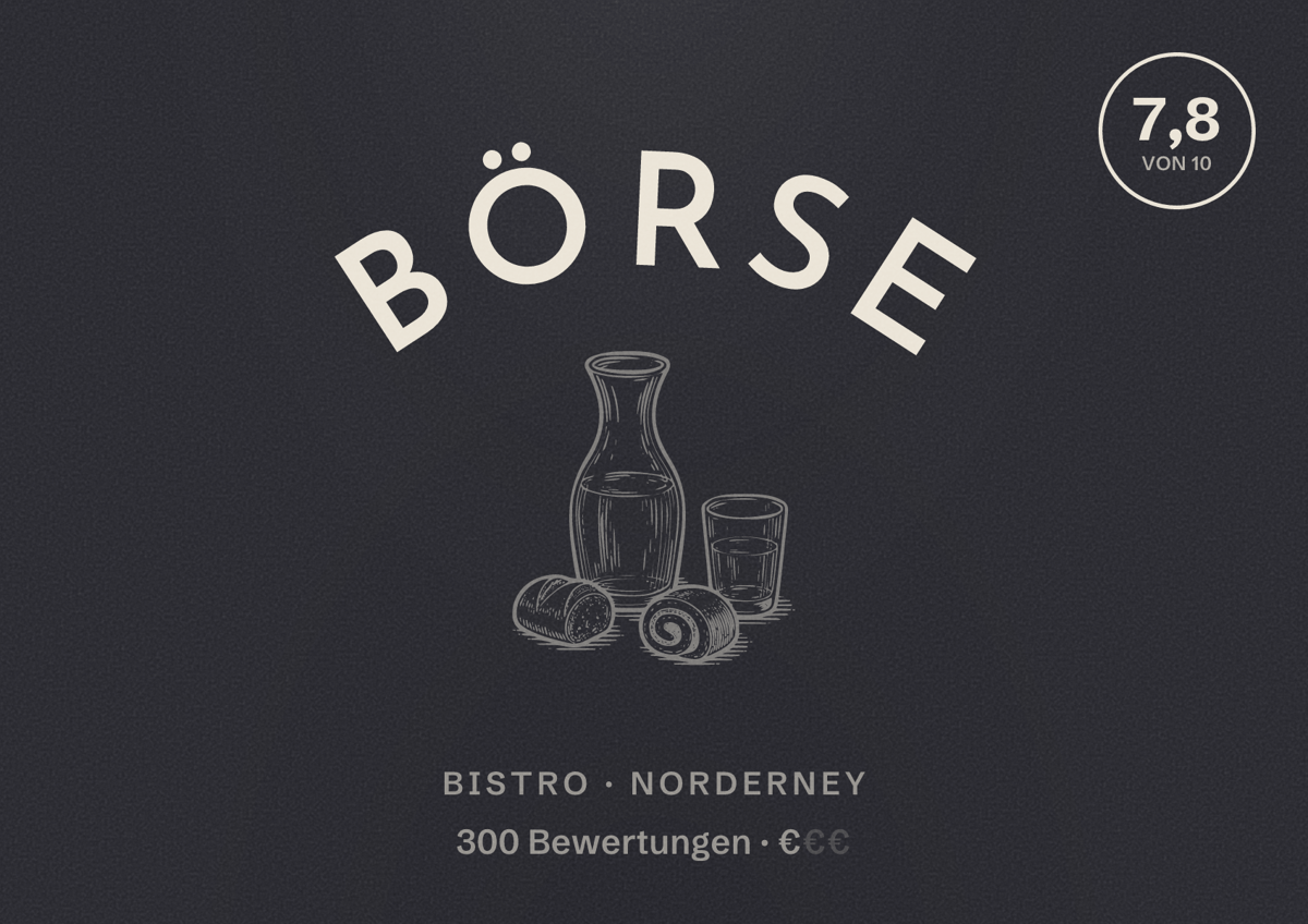 Illustriertes Poster von Börse, Bistro in Norderney: Bewertung 7,8 von 10 aus 300 Bewertungen, Preisniveau €