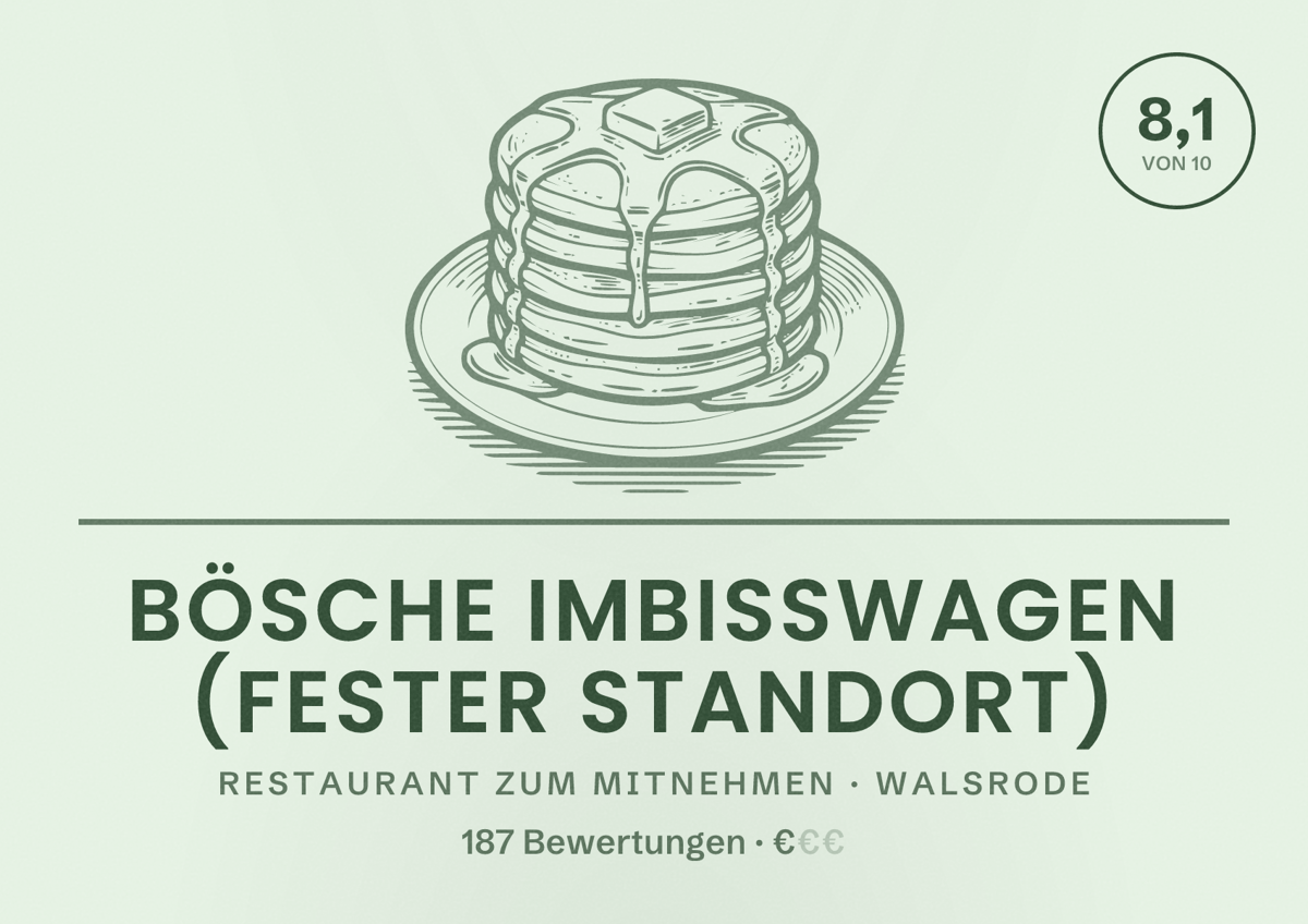 Illustriertes Poster von Bösche Imbisswagen (fester Standort), Restaurant zum Mitnehmen in Walsrode: Bewertung 8,1 von 10 aus 187 Bewertungen, Preisniveau €