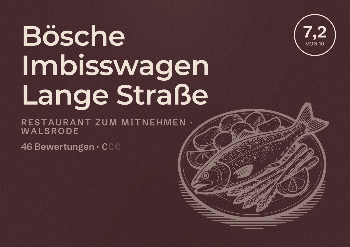 Illustriertes Poster von Bösche Imbisswagen Lange Straße, Restaurant zum Mitnehmen in Walsrode: Bewertung 7,2 von 10 aus 46 Bewertungen, Preisniveau €