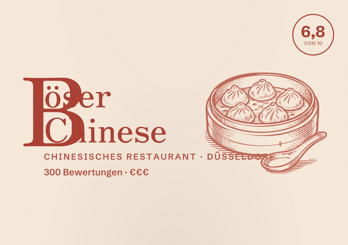 Illustriertes Poster von Böser Chinese, Chinesisches Restaurant in Düsseldorf: Bewertung 6,8 von 10 aus 300 Bewertungen, Preisniveau €€€