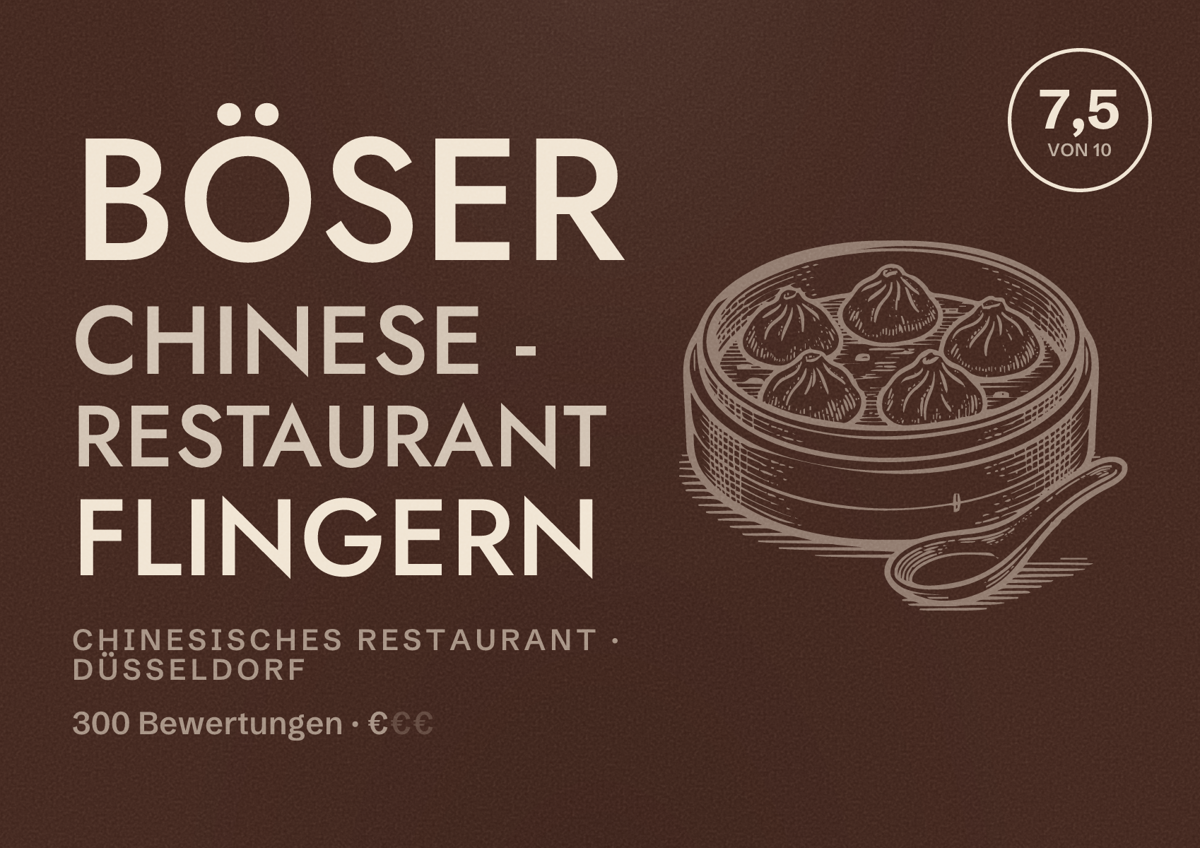Illustriertes Poster von Böser Chinese - Restaurant Flingern, Chinesisches Restaurant in Düsseldorf: Bewertung 7,5 von 10 aus 300 Bewertungen, Preisniveau €