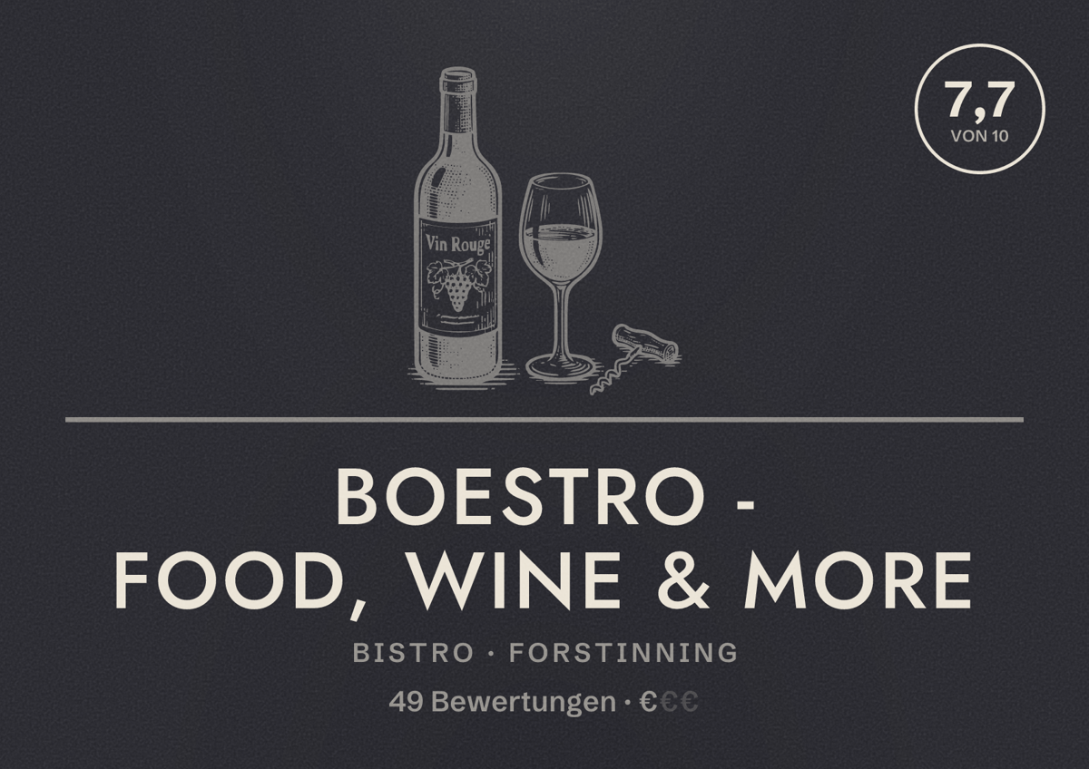Illustriertes Poster von boestro - Food, Wine & More, Bistro in Forstinning: Bewertung 7,7 von 10 aus 49 Bewertungen, Preisniveau €