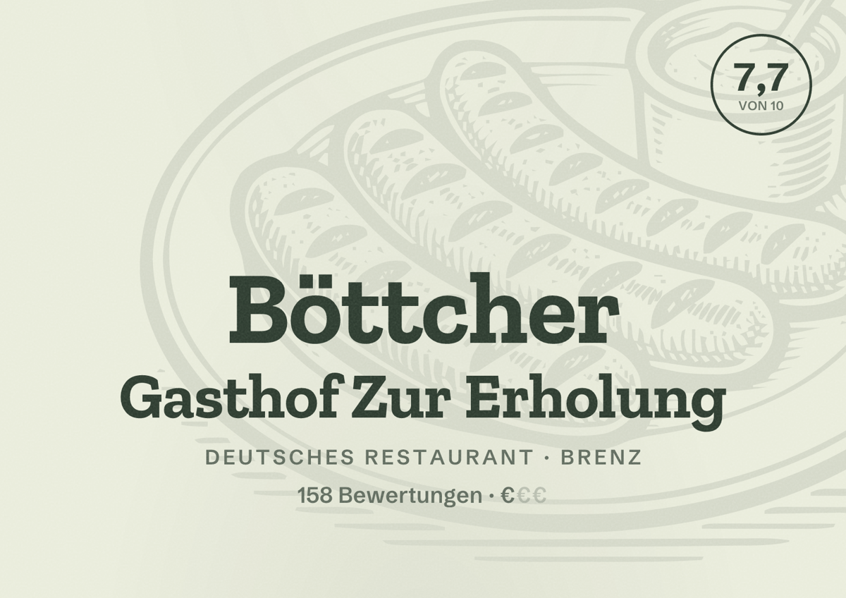 Illustriertes Poster von Böttcher Gasthof Zur Erholung, Deutsches Restaurant in Brenz: Bewertung 7,7 von 10 aus 158 Bewertungen, Preisniveau €