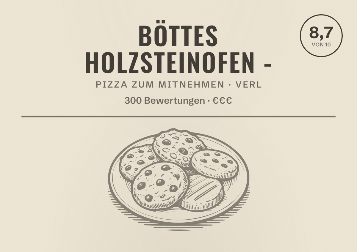 Illustriertes Poster von Böttes Holzsteinofen -, Pizza zum Mitnehmen in Verl: Bewertung 8,7 von 10 aus 300 Bewertungen, Preisniveau €€€