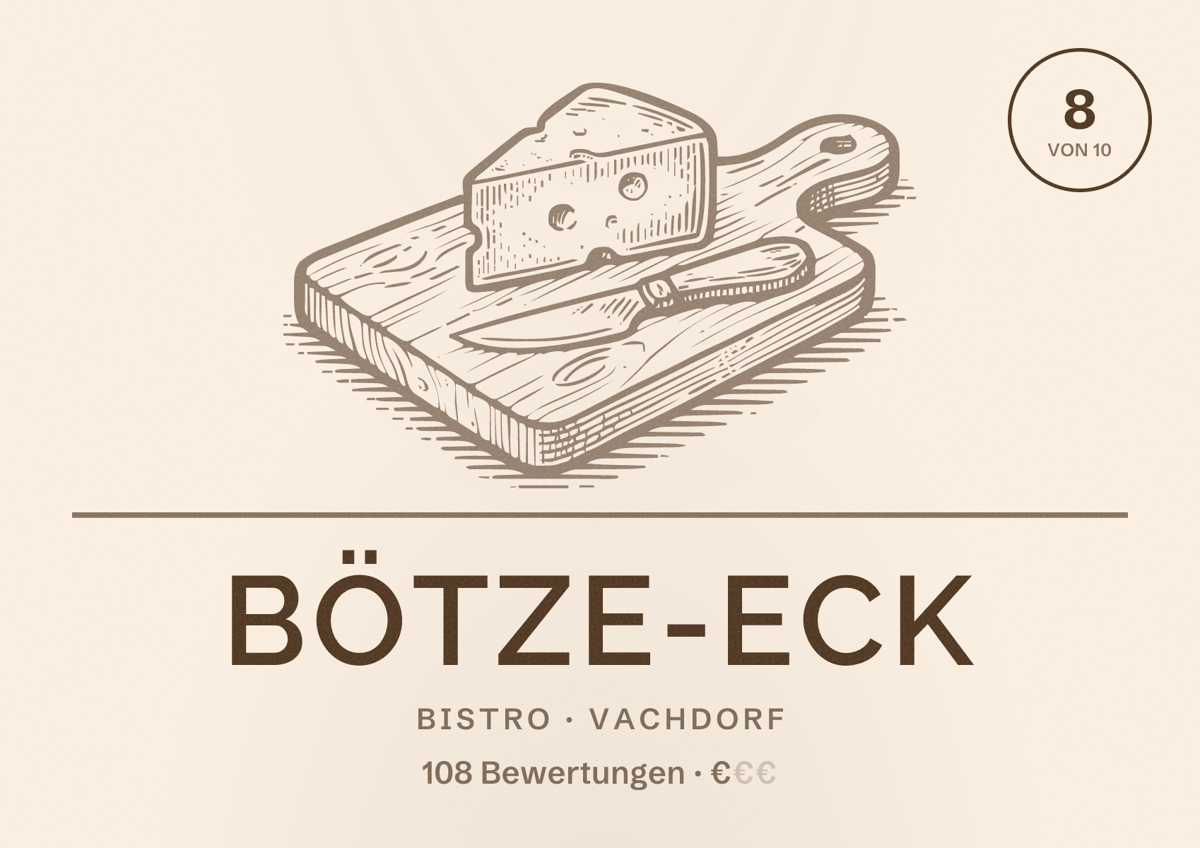Illustriertes Poster von Bötze-Eck, Bistro in Vachdorf: Bewertung 8 von 10 aus 108 Bewertungen, Preisniveau €