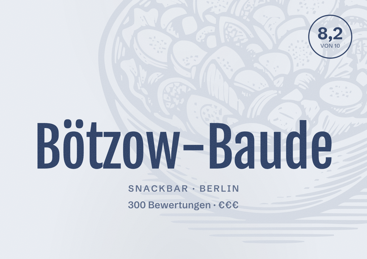 Illustriertes Poster von Bötzow-Baude, Snackbar in Berlin: Bewertung 8,2 von 10 aus 300 Bewertungen, Preisniveau €€€