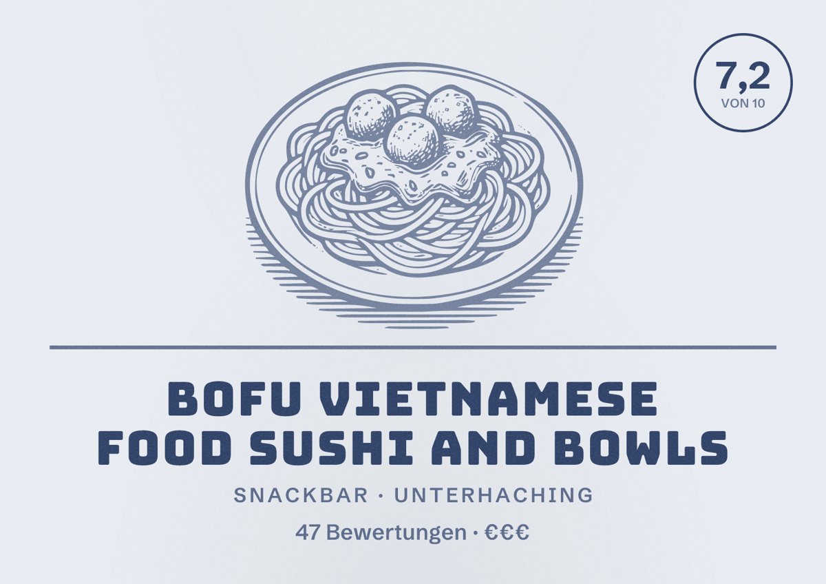 Illustriertes Poster von BOFU Vietnamese Food Sushi and Bowls, Snackbar in Unterhaching: Bewertung 7,2 von 10 aus 47 Bewertungen, Preisniveau €€€