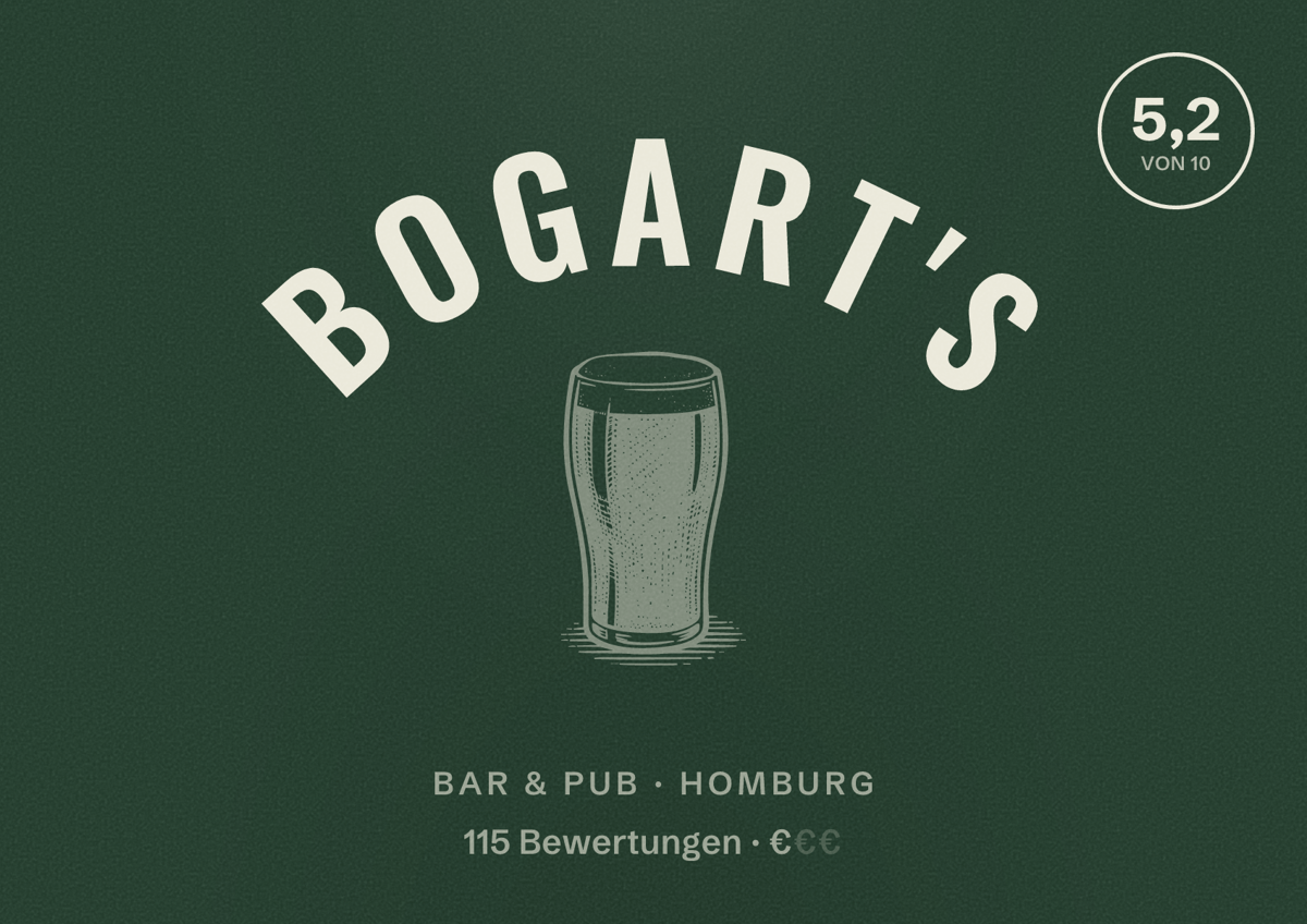 Illustriertes Poster von Bogart's, Bar & Pub in Homburg: Bewertung 5,2 von 10 aus 115 Bewertungen, Preisniveau €