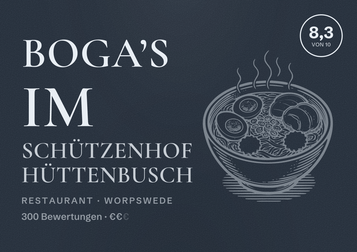 Illustriertes Poster von Boga’s im Schützenhof Hüttenbusch, Restaurant in Worpswede: Bewertung 8,3 von 10 aus 300 Bewertungen, Preisniveau €€