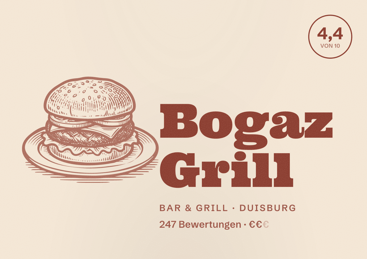 Illustriertes Poster von Bogaz Grill, Bar & Grill in Duisburg: Bewertung 4,4 von 10 aus 247 Bewertungen, Preisniveau €€