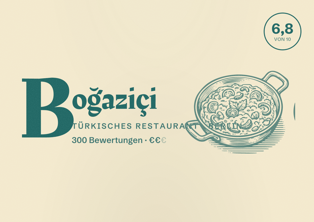 Illustriertes Poster von Boğaziçi, Türkisches Restaurant in Berlin: Bewertung 6,8 von 10 aus 300 Bewertungen, Preisniveau €€