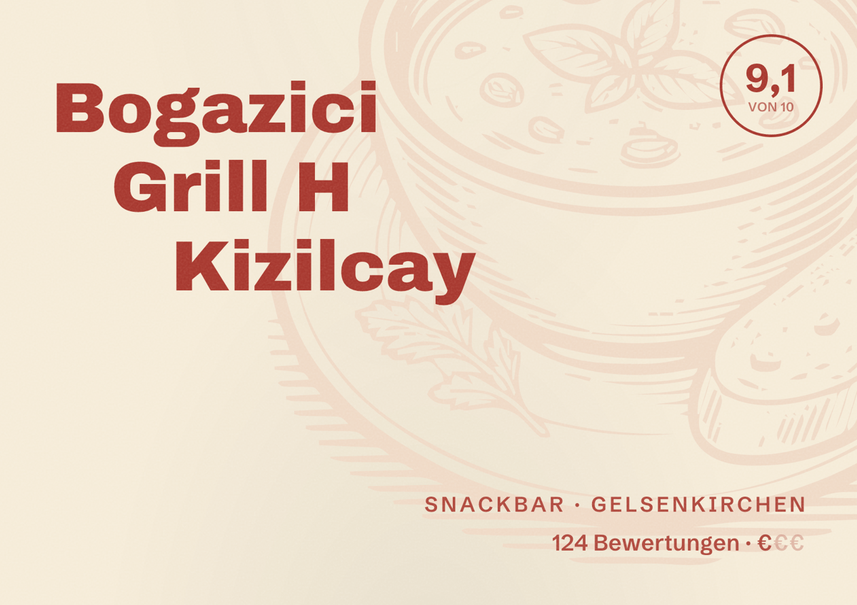 Illustriertes Poster von Bogazici Grill H Kizilcay, Snackbar in Gelsenkirchen: Bewertung 9,1 von 10 aus 124 Bewertungen, Preisniveau €
