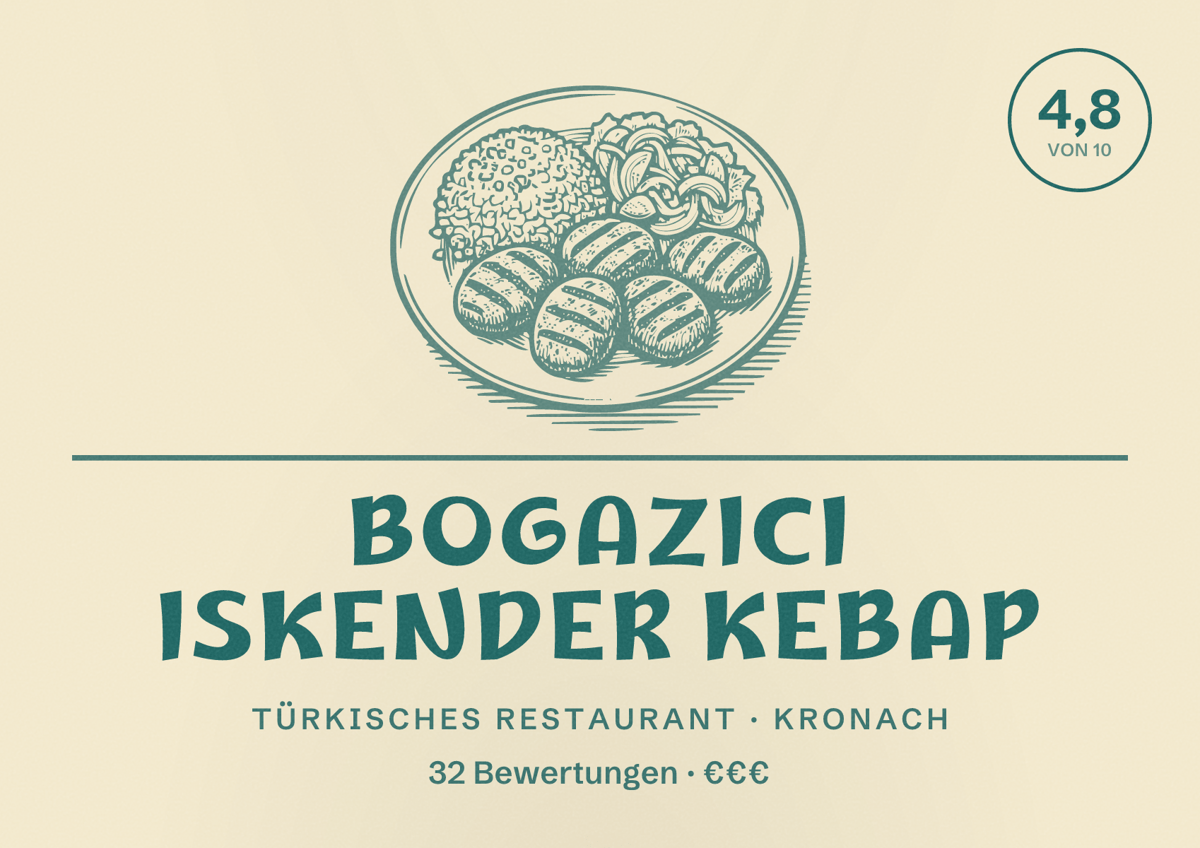 Illustriertes Poster von Bogazici Iskender Kebap, Türkisches Restaurant in Kronach: Bewertung 4,8 von 10 aus 32 Bewertungen, Preisniveau €€€