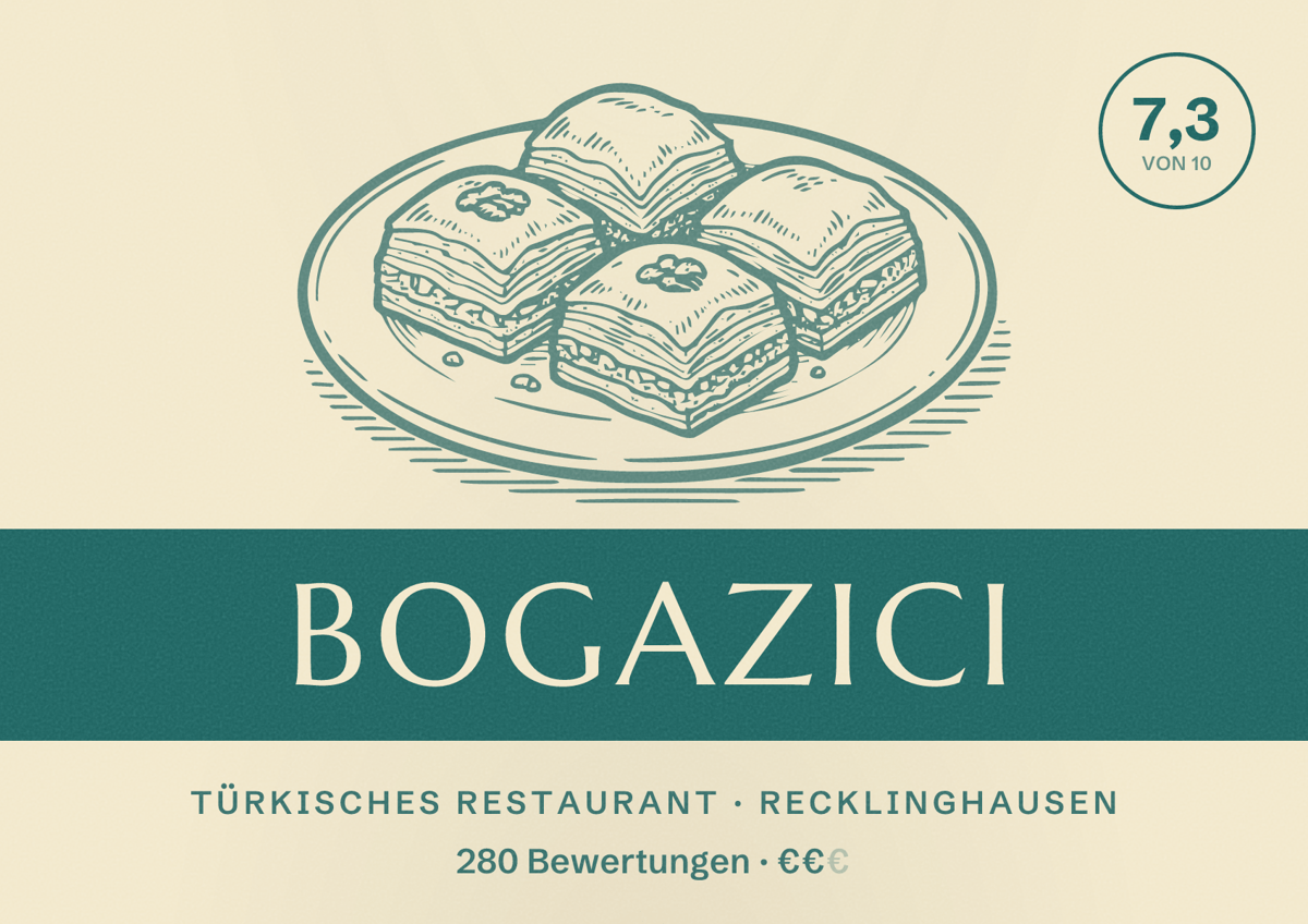 Illustriertes Poster von Bogazici, Türkisches Restaurant in Recklinghausen: Bewertung 7,3 von 10 aus 280 Bewertungen, Preisniveau €€