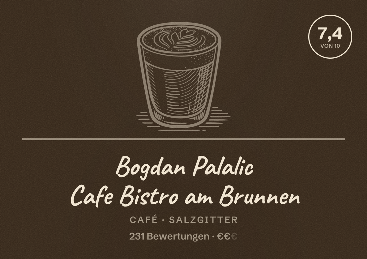 Illustriertes Poster von Bogdan Palalic Cafe Bistro am Brunnen, Café in Salzgitter: Bewertung 7,4 von 10 aus 231 Bewertungen, Preisniveau €€