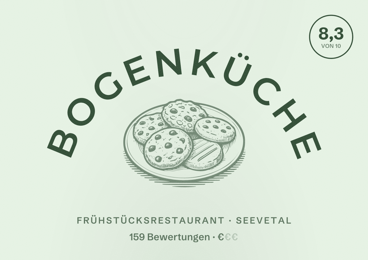 Illustriertes Poster von Bogenküche, Frühstücksrestaurant in Seevetal: Bewertung 8,3 von 10 aus 159 Bewertungen, Preisniveau €
