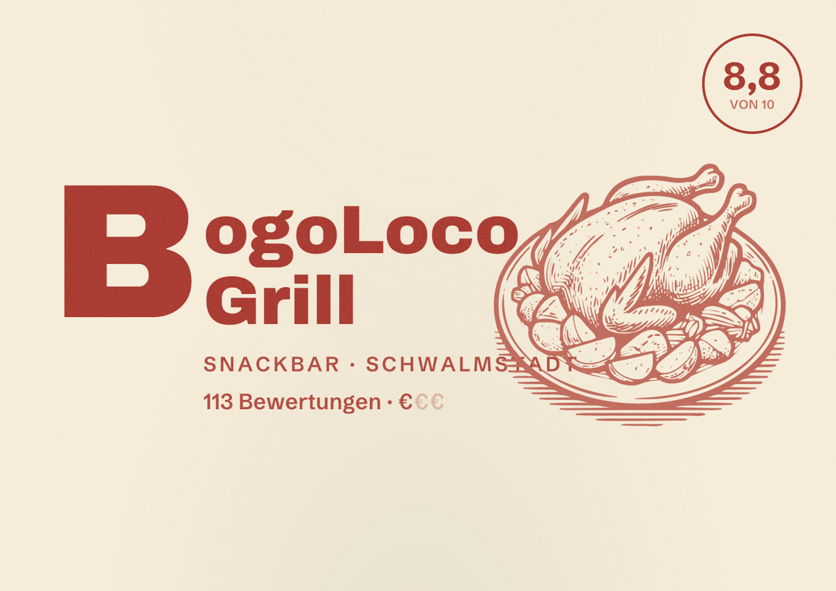 Illustriertes Poster von BogoLoco Grill, Snackbar in Schwalmstadt: Bewertung 8,8 von 10 aus 113 Bewertungen, Preisniveau €