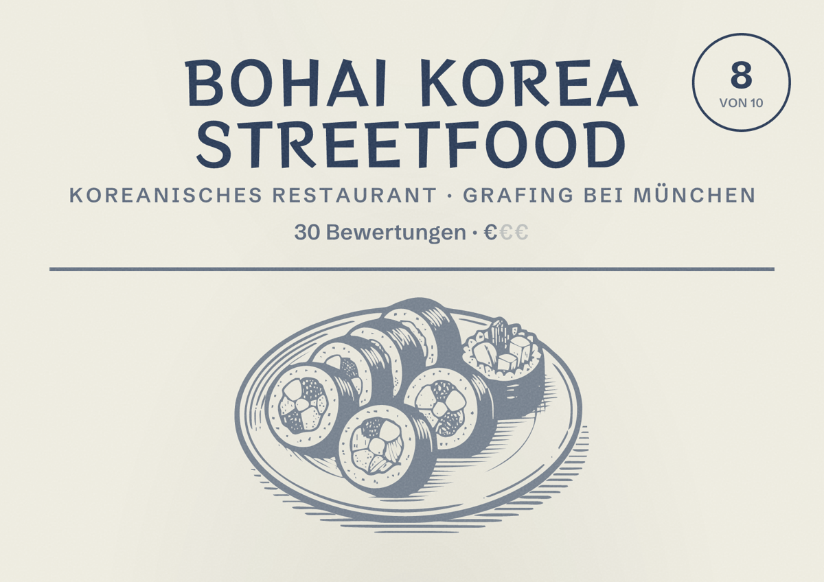 Illustriertes Poster von BOHAI KOREA STREETFOOD, Koreanisches Restaurant in Grafing bei München: Bewertung 8 von 10 aus 30 Bewertungen, Preisniveau €