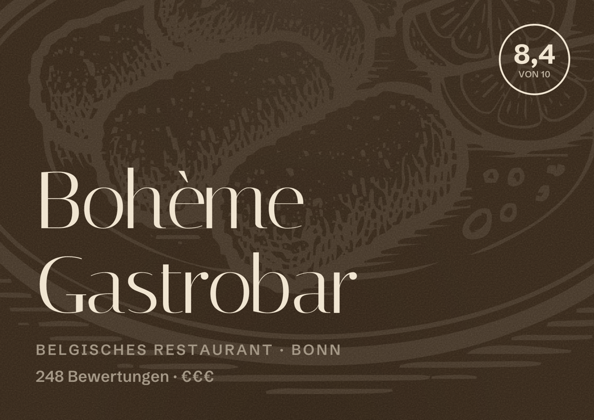 Illustriertes Poster von Bohème Gastrobar, Belgisches Restaurant in Bonn: Bewertung 8,4 von 10 aus 248 Bewertungen, Preisniveau €€€