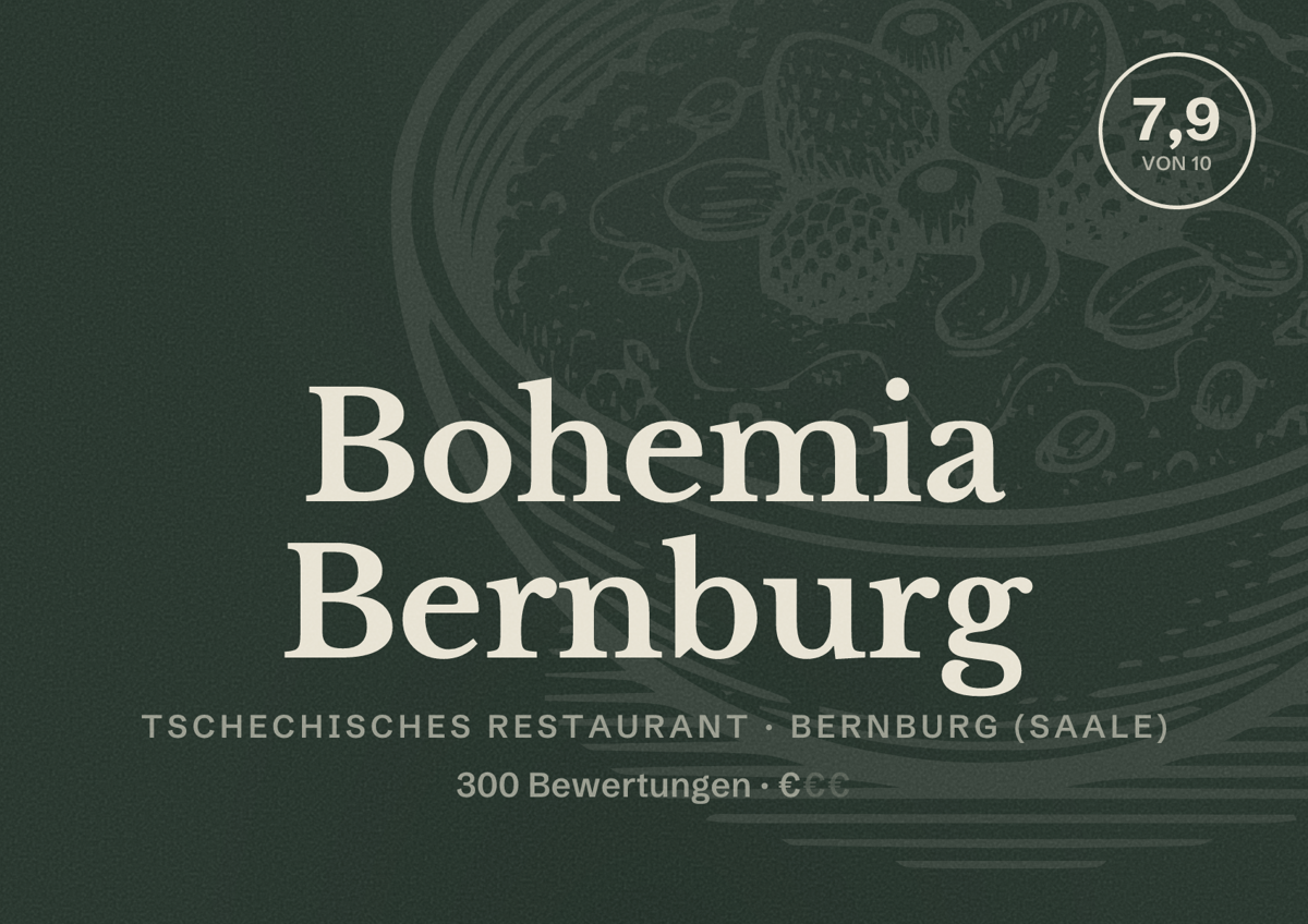 Illustriertes Poster von Bohemia Bernburg, Tschechisches Restaurant in Bernburg (Saale): Bewertung 7,9 von 10 aus 300 Bewertungen, Preisniveau €