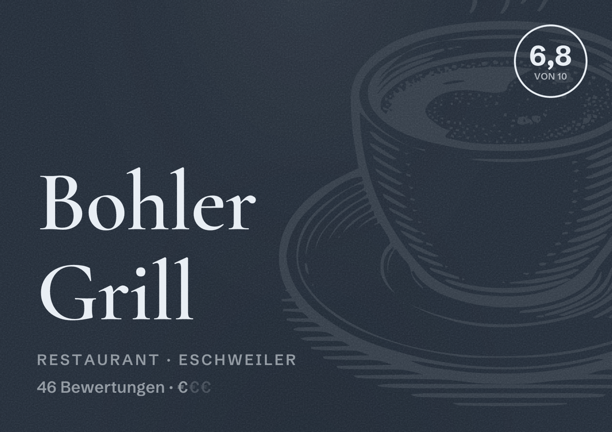 Illustriertes Poster von Bohler Grill, Restaurant in Eschweiler: Bewertung 6,8 von 10 aus 46 Bewertungen, Preisniveau €
