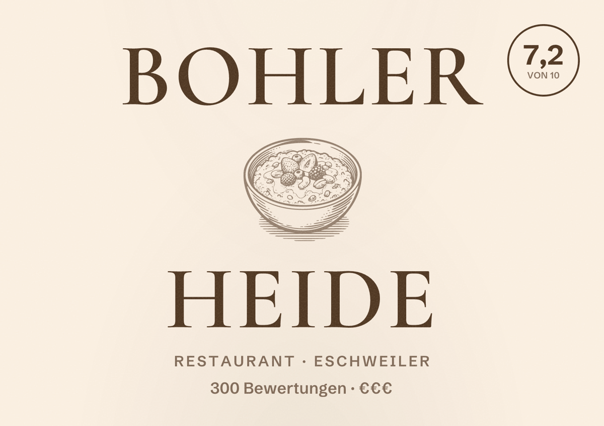 Illustriertes Poster von Bohler Heide, Restaurant in Eschweiler: Bewertung 7,2 von 10 aus 300 Bewertungen, Preisniveau €€€