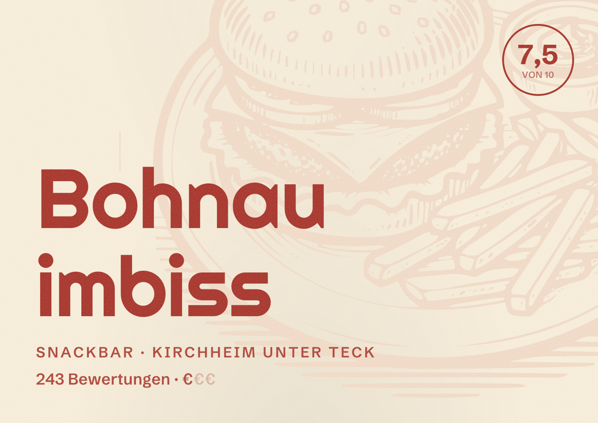 Illustriertes Poster von Bohnau imbiss, Snackbar in Kirchheim unter Teck: Bewertung 7,5 von 10 aus 243 Bewertungen, Preisniveau €