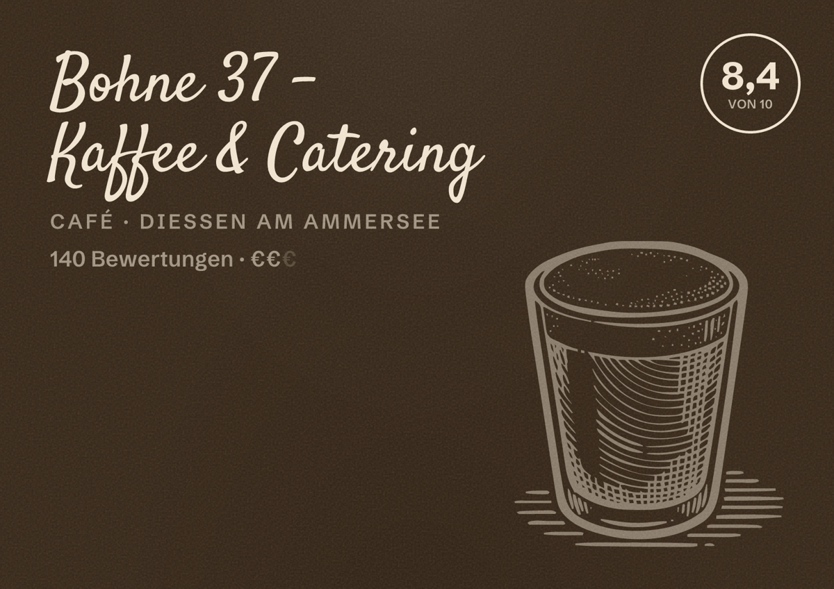 Illustriertes Poster von Bohne 37 – Kaffee & Catering, Café in Dießen am Ammersee: Bewertung 8,4 von 10 aus 140 Bewertungen, Preisniveau €€