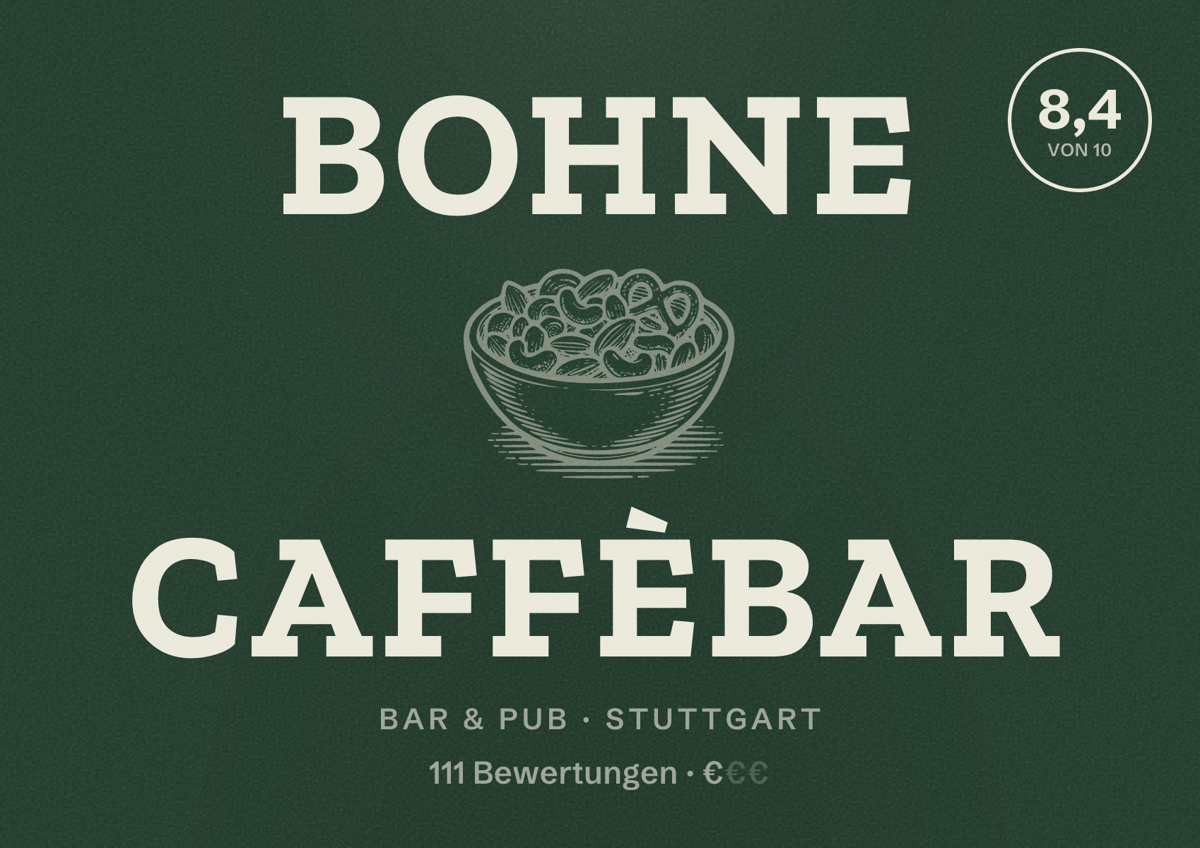Illustriertes Poster von Bohne Caffèbar, Bar & Pub in Stuttgart: Bewertung 8,4 von 10 aus 111 Bewertungen, Preisniveau €