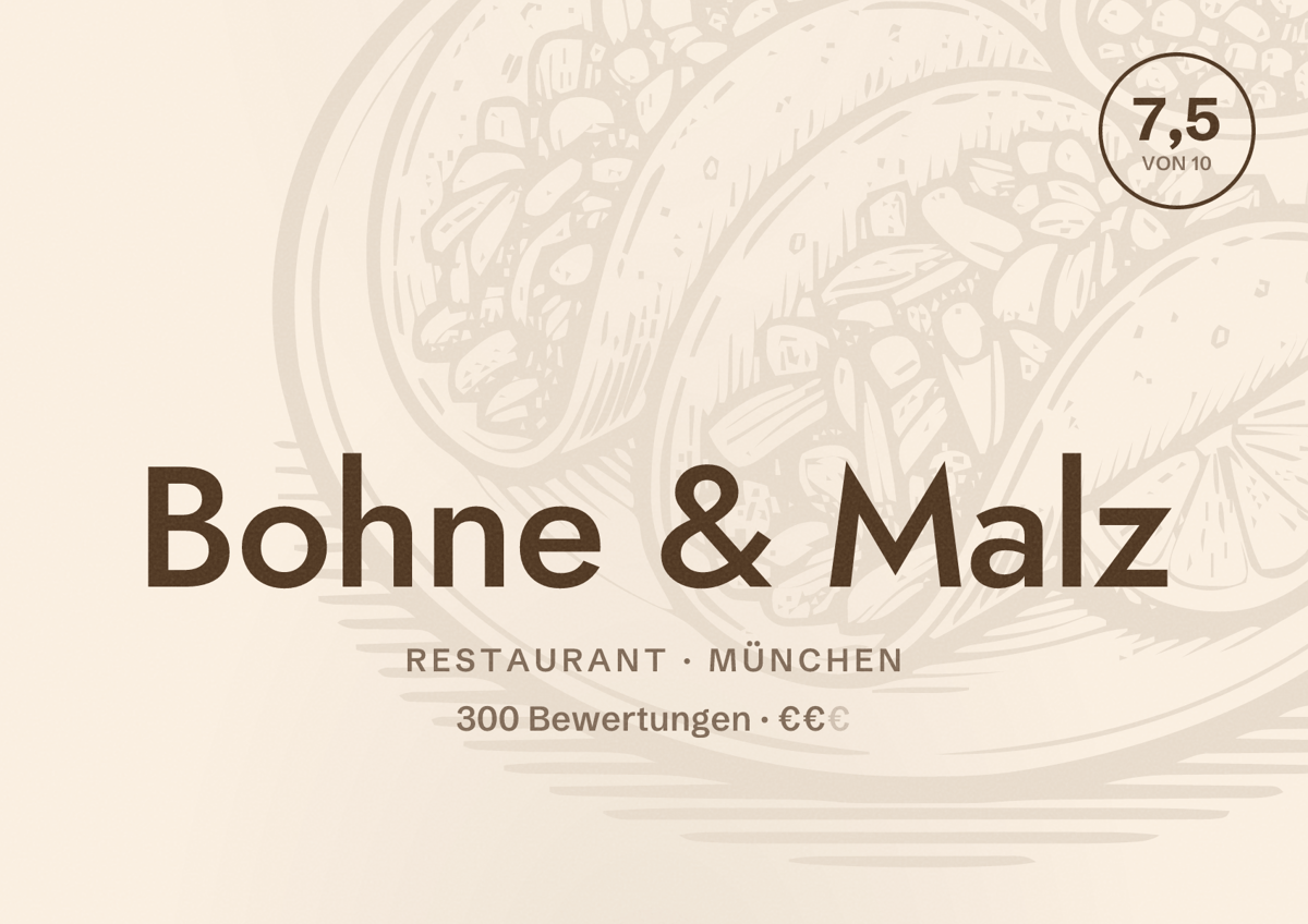 Illustriertes Poster von Bohne & Malz, Restaurant in München: Bewertung 7,5 von 10 aus 300 Bewertungen, Preisniveau €€