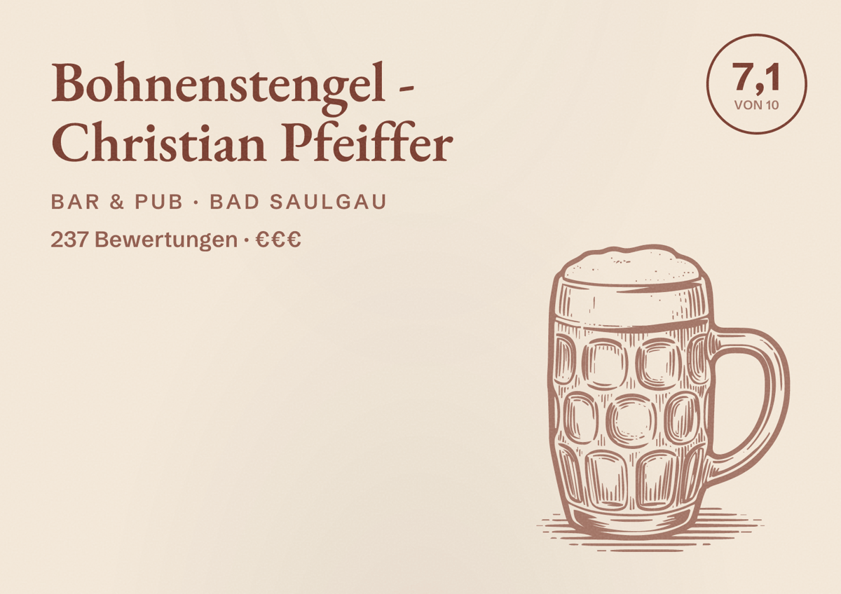 Illustriertes Poster von Bohnenstengel - Christian Pfeiffer, Bar & Pub in Bad Saulgau: Bewertung 7,1 von 10 aus 237 Bewertungen, Preisniveau €€€